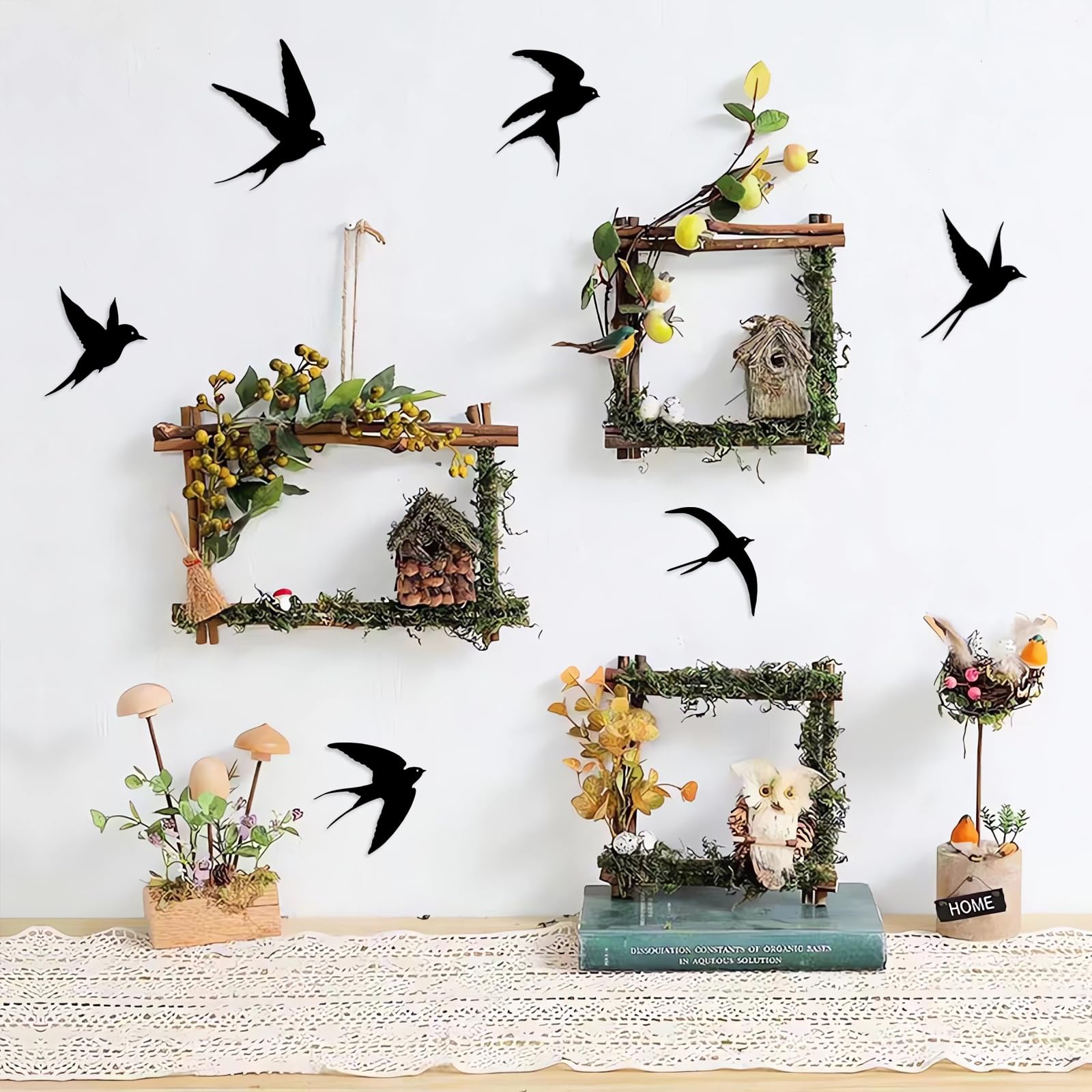 Pduoduo Decoración de pared de metal con pájaros,6pcs Decoración de pared metálica con pájaros negros,Escultura de pared con pájaros para el hogar Cocina Patio Sala de estar Baño Jardín