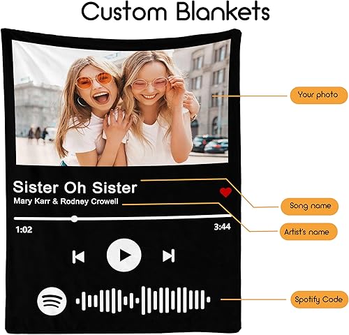 Miniatura 3 de Manta de música personalizada con código de Spotify con fotos de hermana, manta personalizada para hermana, regalos de cumpleaños para hermana, el