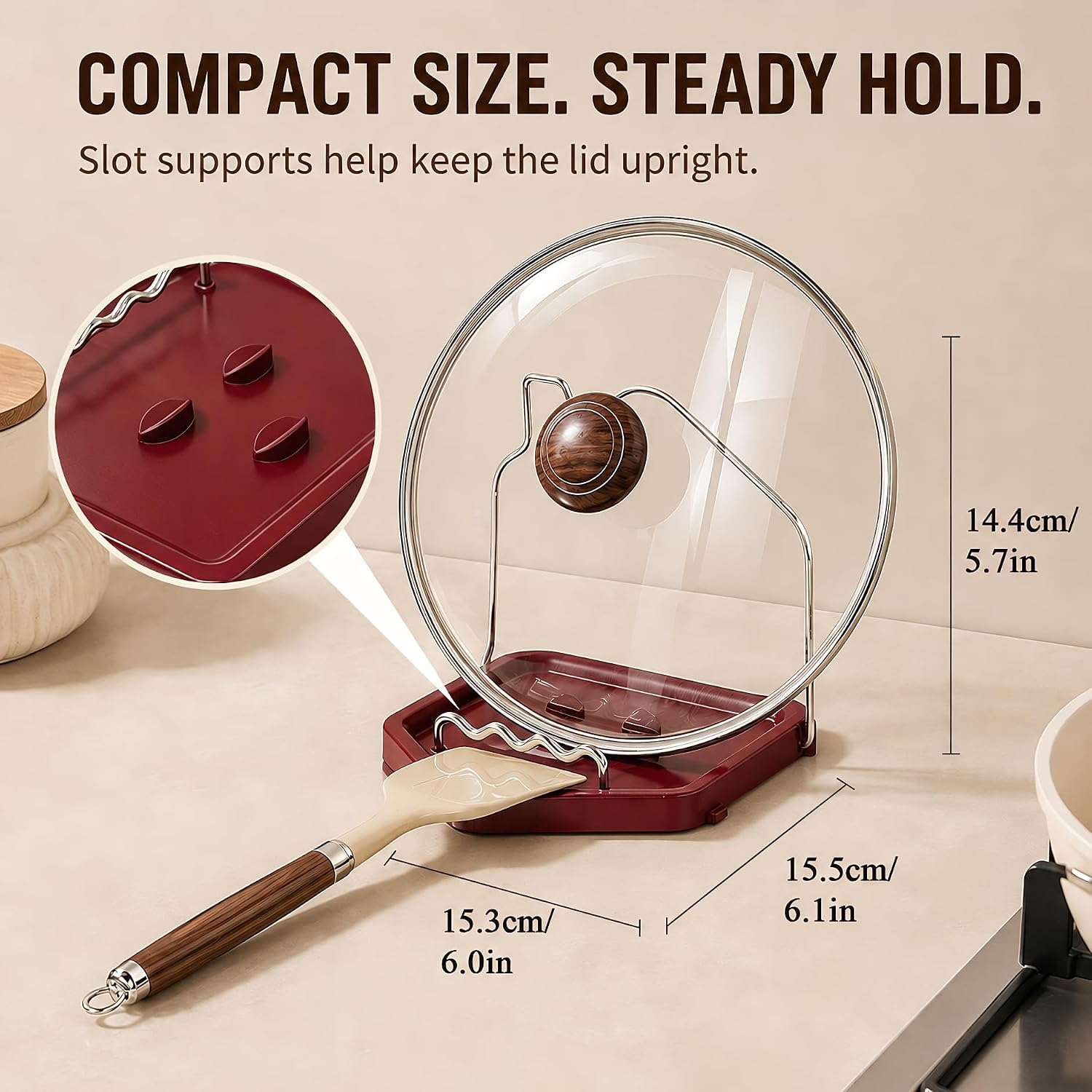 Multifunctional Spoon Rest Pot Lid Holder with Nonslip Pads Space-Saving Pot Lid Organizer Spatula Holder for Kitchen Counter and Stovetop Red