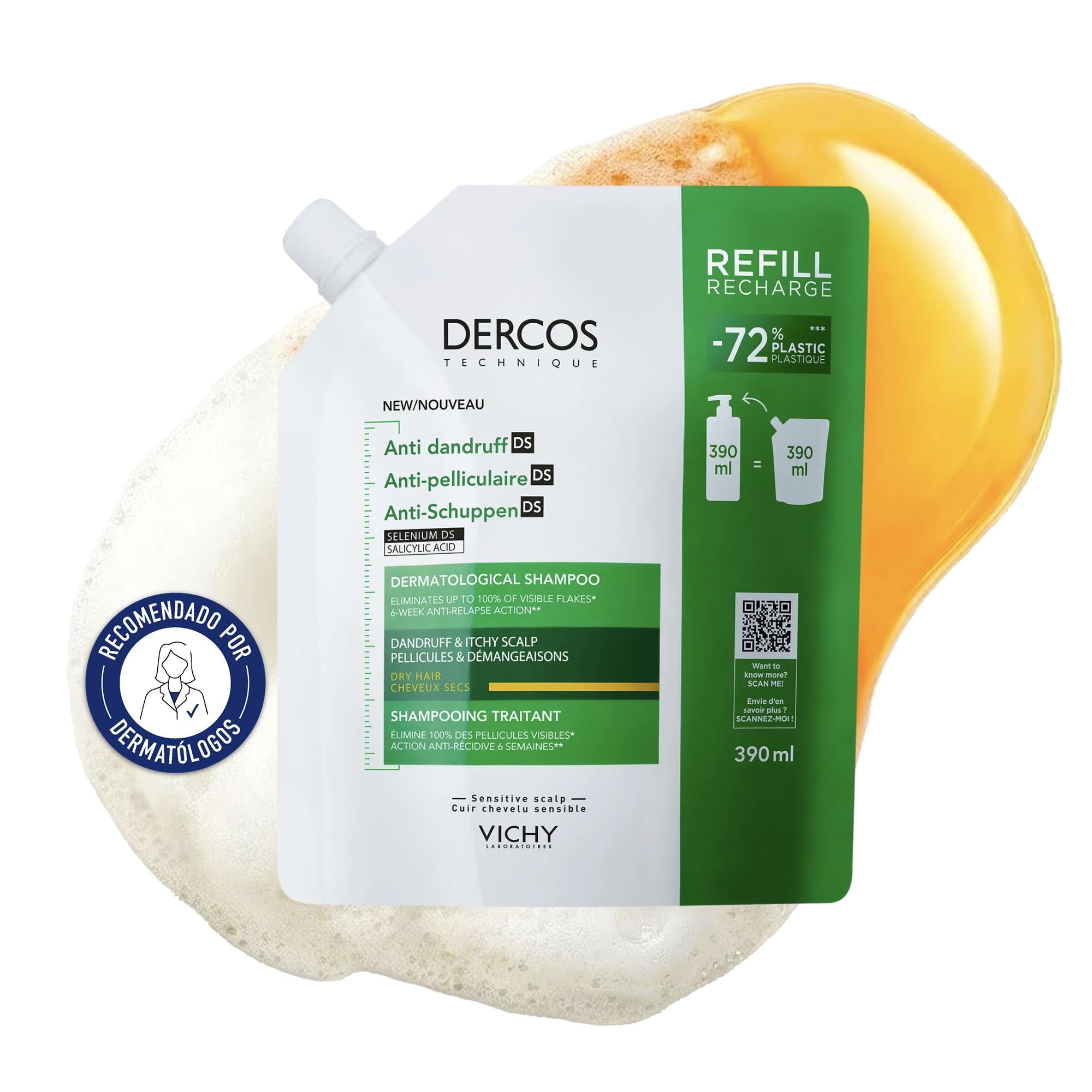 Vichy Champú Anticaspa, Cabellos Seco, Elimina la Caspa y Reduce los Picores, Cuero Cabelludo Limpio y Sano, Doble Eficacia, Unisex, Dercos Technique, Refill 390 ml