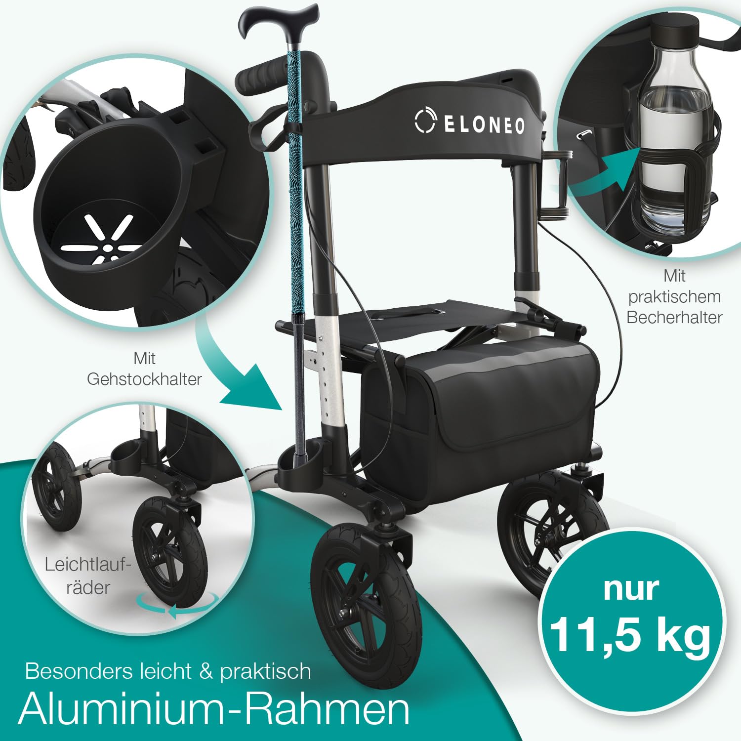 ELONEO Rollator faltbar und leicht mit Sitz, Outdoor Rollator mit Luftbereifung inkl. Sitzfläche, Rückengurt, höhenverstellbare Gehhilfe aus Aluminium inkl. Tasche und Stockhalter Silber