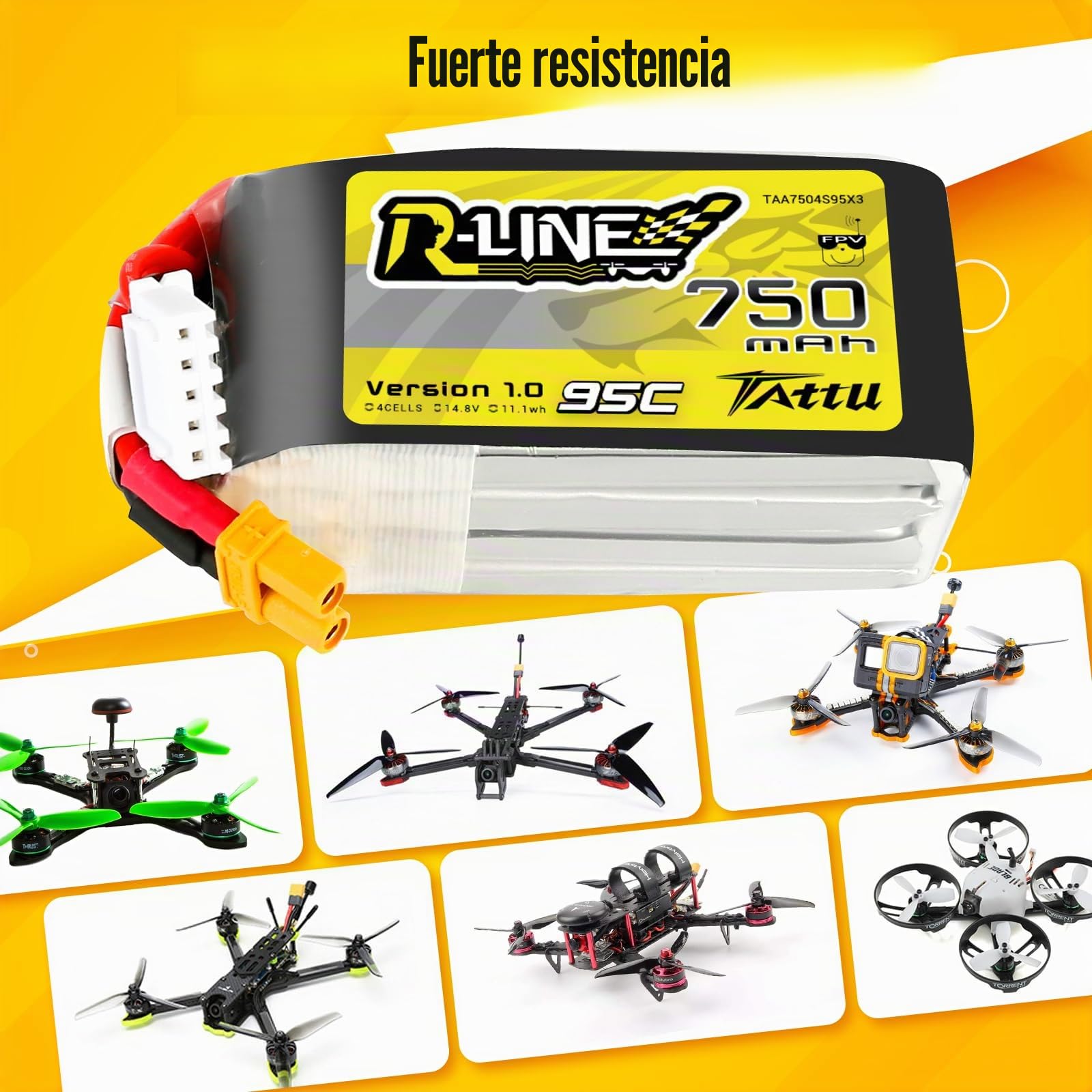 TATTU 4S 750mAh 14.8V 95C 4S1P Lipo batería con conector XT30 para cuadricóptero FPV Racing 100 180 tamaño