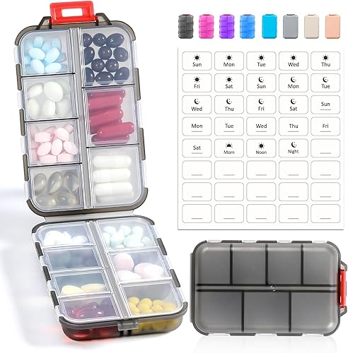 14 GRIDS - Caja organizadora de píldoras de viaje con etiquetas, kit de estuche de medicamentos de viaje, contenedor diario de farmacia, dispensador