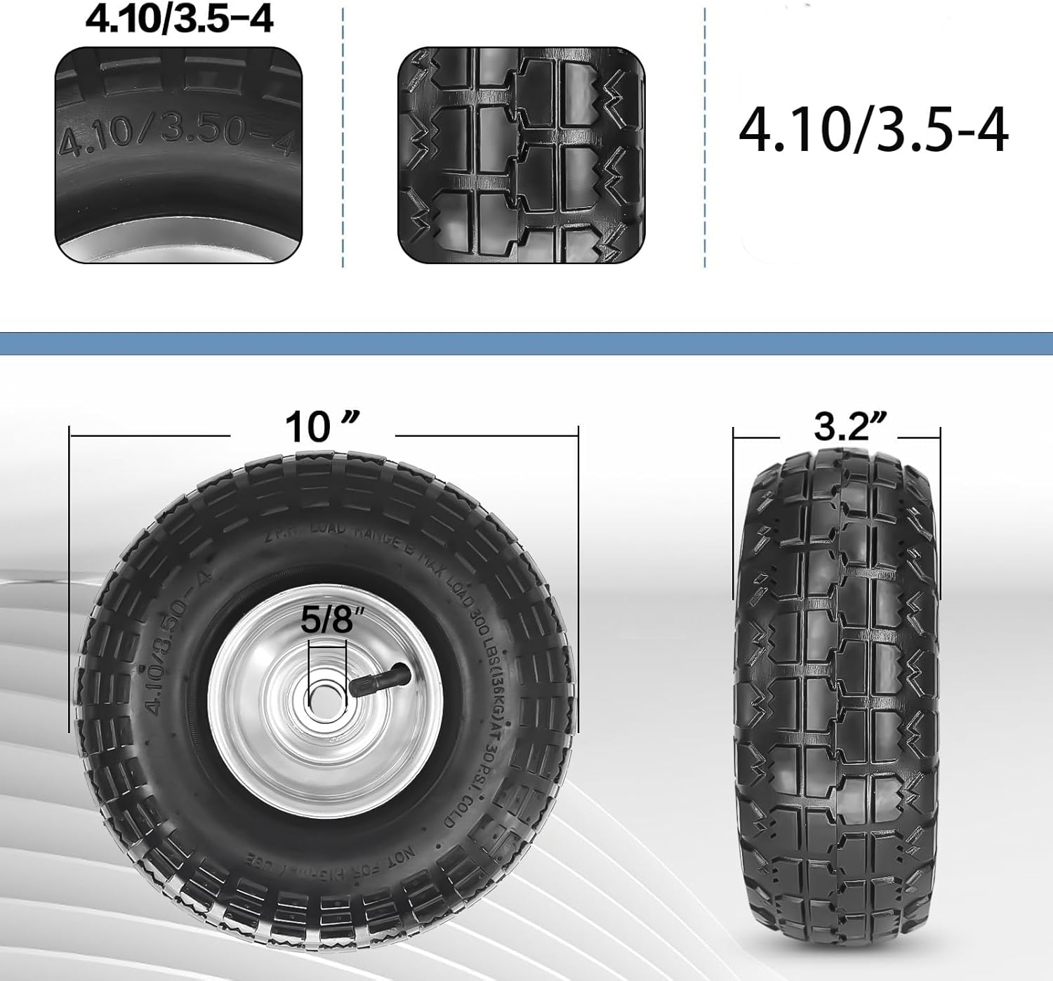 10" Pneumatic Air Filled Heavy-Duty 4.10/3.50-4 Replacement Tire and Wheel with 5/8" Axle Bore Hole for Trolley Dolly/Garden Wagon Carts/Hand Truck/Lawn Mower/Hose Reel Cart