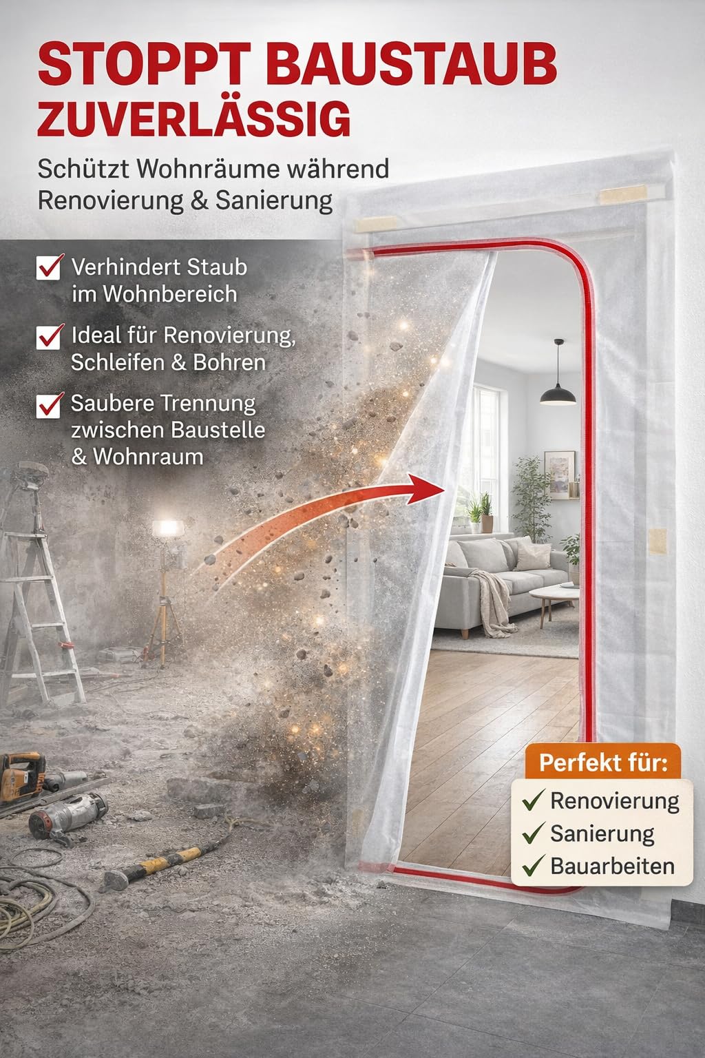 Staubschutztür 220x110 cm aus extrem starkem Spezialvlies – Reißfeste Bautür wiederverwendbar mit robustem Reißverschluss – Staubdichte Schmutzschleuse für Sanierung, Bau & Renovierung +KEIN IMPORT+