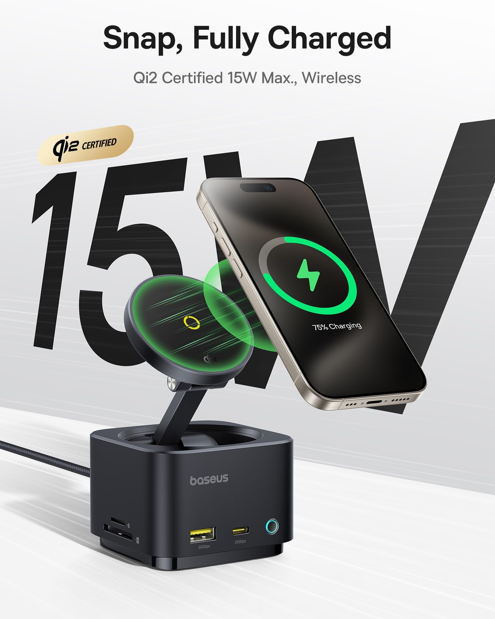 Baseus stacja ładująca i dokująca 7 w 1 Magsafe USB C, z ładowarką bezprzewodową Qi2 15 W, 4K 60 Hz HDMI, 100 W PD, 10 Gbps USB, czytnik kart SD kompatybilny z iPhone 16/15/Mac/Dell/HP/Surface
