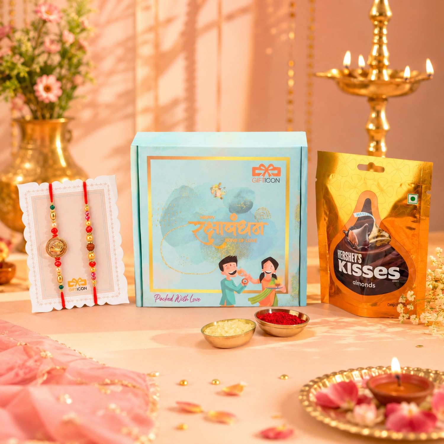Gifticon Rakhi Set for Brother with Chocolate | Premium Designer Rakhi, Chocolate, Roli Chawal, Greeting Card & Premium Gift Box | Rakhi Hamper for Raksha Bandhan | Ganesh Ji & Rudraksh Rakhi