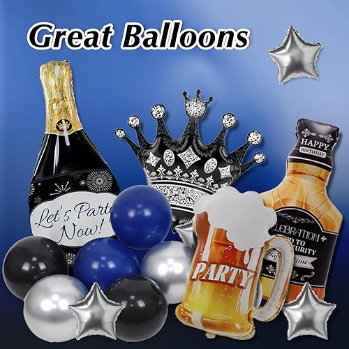 Miniatura 4 de Decoraciones de feliz cumpleaños azul y negro para hombres, decoraciones de cumpleaños con pancarta, cortinas de flecos, globos de aluminio, kits de