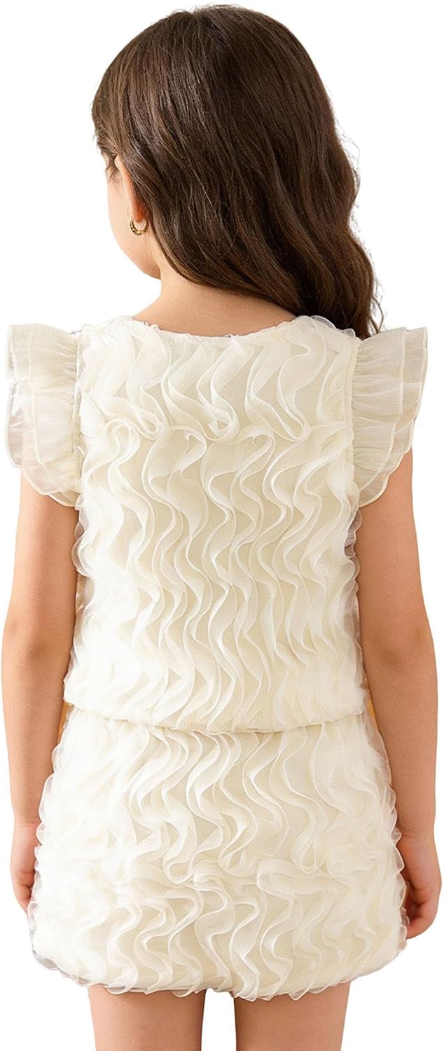 Kids Girls 2Pcs Skirt Set Flutter Sleeve Square Neck Button Up Top with Mesh Ruffle Skirt for Photoshoot