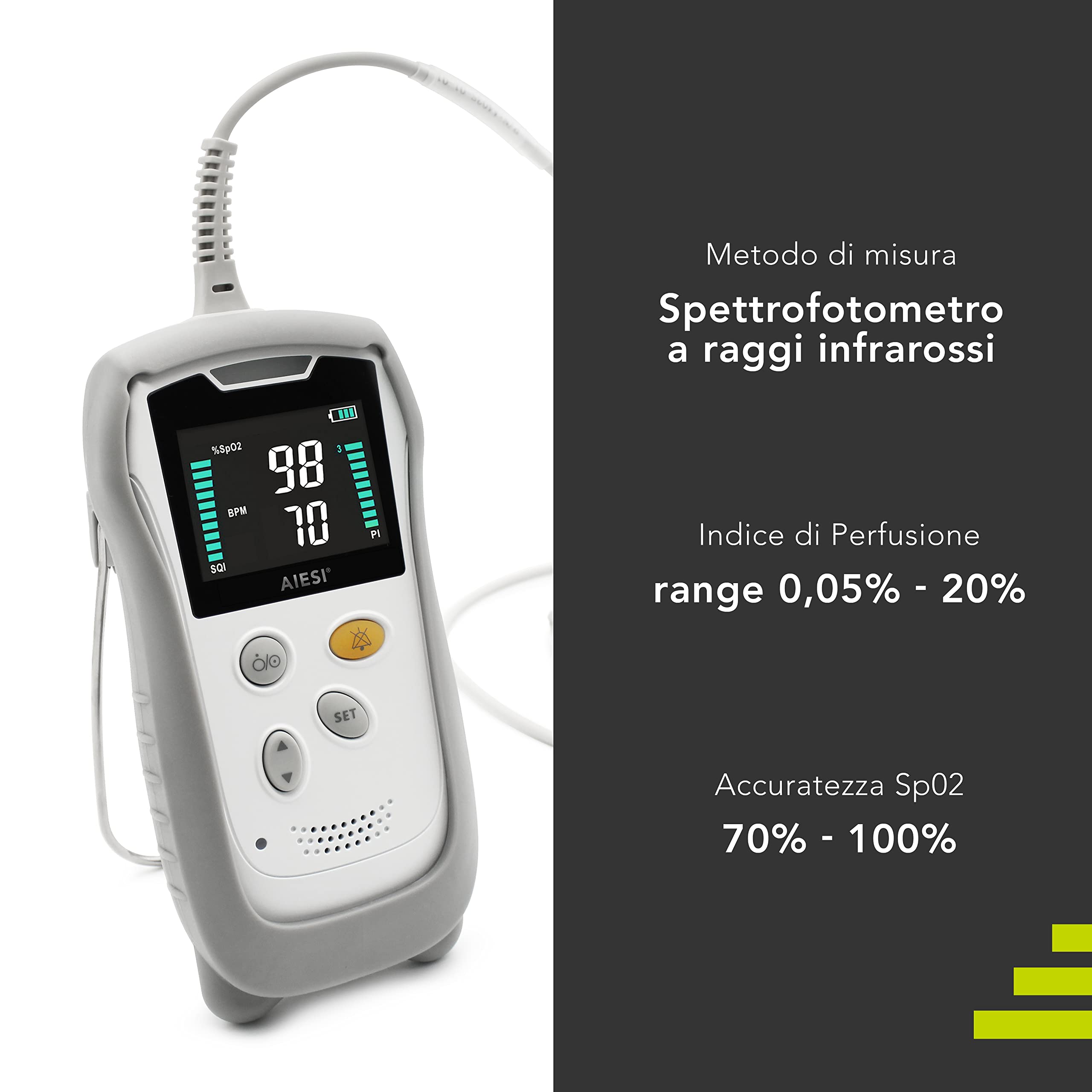 AIESI® Saturimetro Veterinario Palmare con display a colori e sonda linguale anti-movimento A3, Estremamente preciso, Batteria al litio, Guscio di protezione con supporto, Garanzia Italia 24 mesi