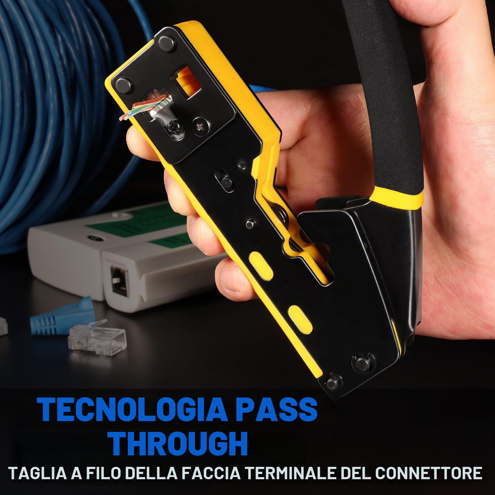 Pinza Crimpatrice RJ45 Passante per Connettori Ethernet Cat6 Cat5 Cat5e con Tester Cavi di Rete 50 Connettori RJ45 50 Coperture RJ45