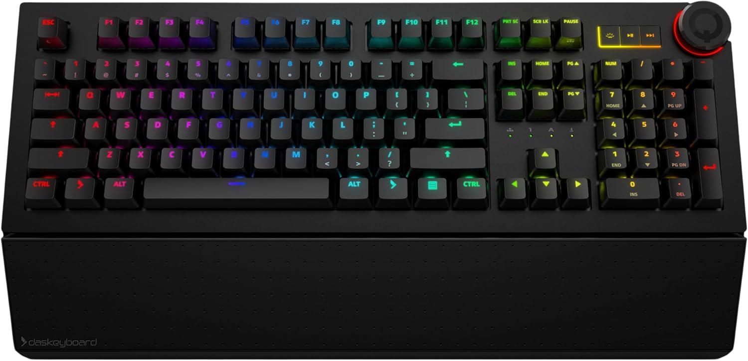 Das Keyboard 5QS Mark II Smart RGB Programmable Mechanical Keyboard for Work & Gaming, Cherry MX2A Silent Red Mechanical Switches, Built-in RGB Profiles, Palm Rest, Volume Knob, Aluminum Top