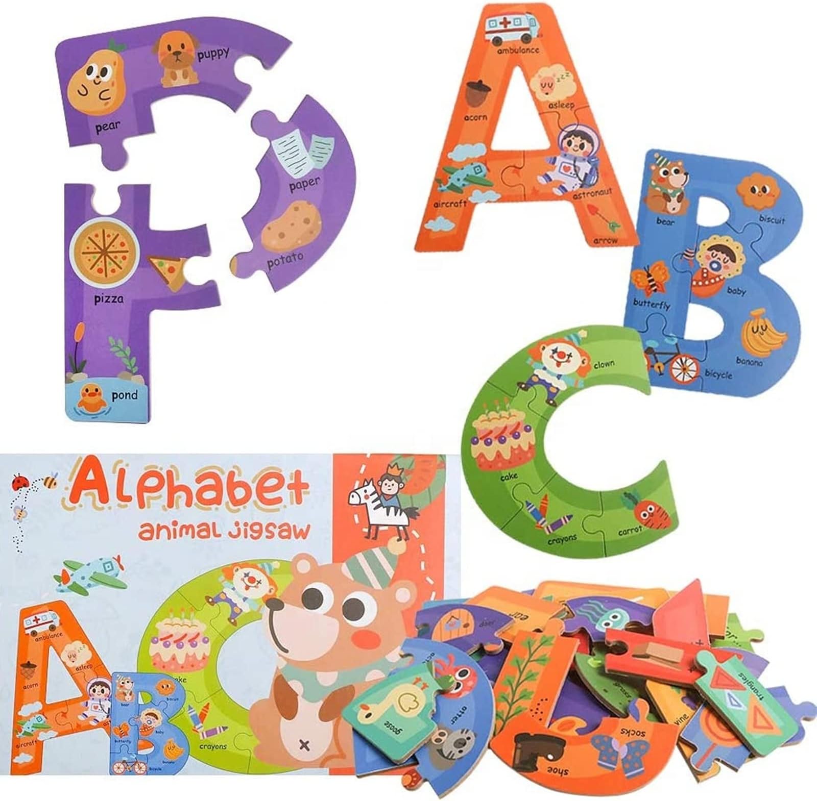 Toddler Colorful Wooden Alphabet ABC Letter Puzzle, 85 PCS Preschool Learning Educational Wooden Board Animal Alphabet Puzzle with Box STEM Toy for Kids 3 4 5 Years Old Boys Girls Gift