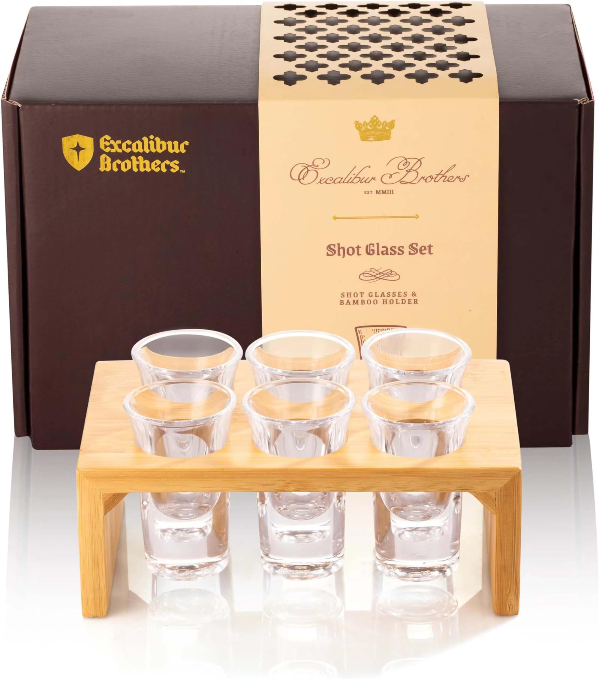 Shot Glass Sets (Set of 6) - Bamboo Shot Glass Holder with 1 Oz Glasses, and Cool Shot Glasses Set for Father, Grandfather, Boyfriend, Best Man, and Groomsmen