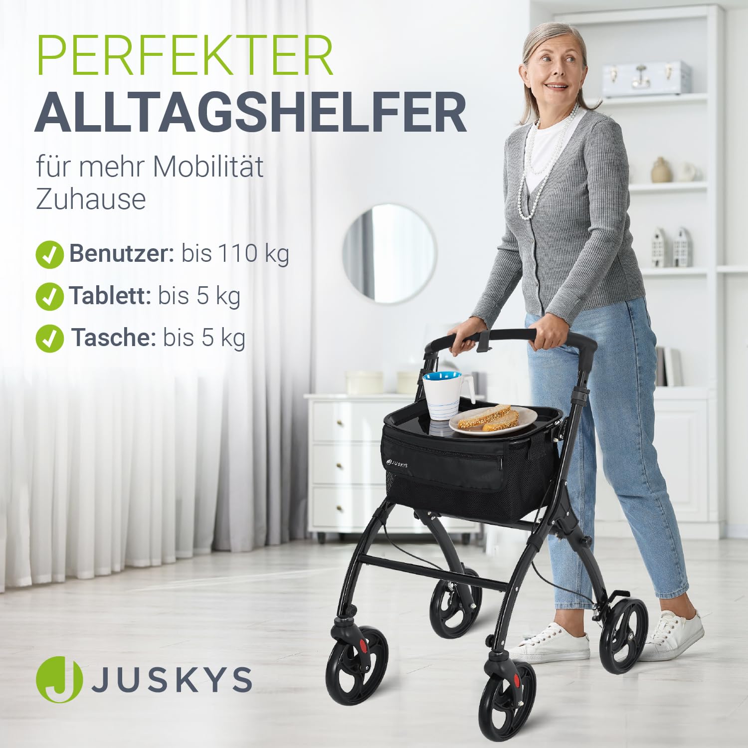 Juskys Aluminium Wohnungsrollator Aktiv mit Transporttasche & Tablett - Indoor Rollator schmal, leicht & faltbar - Gehhilfe für Senioren - Schwarz