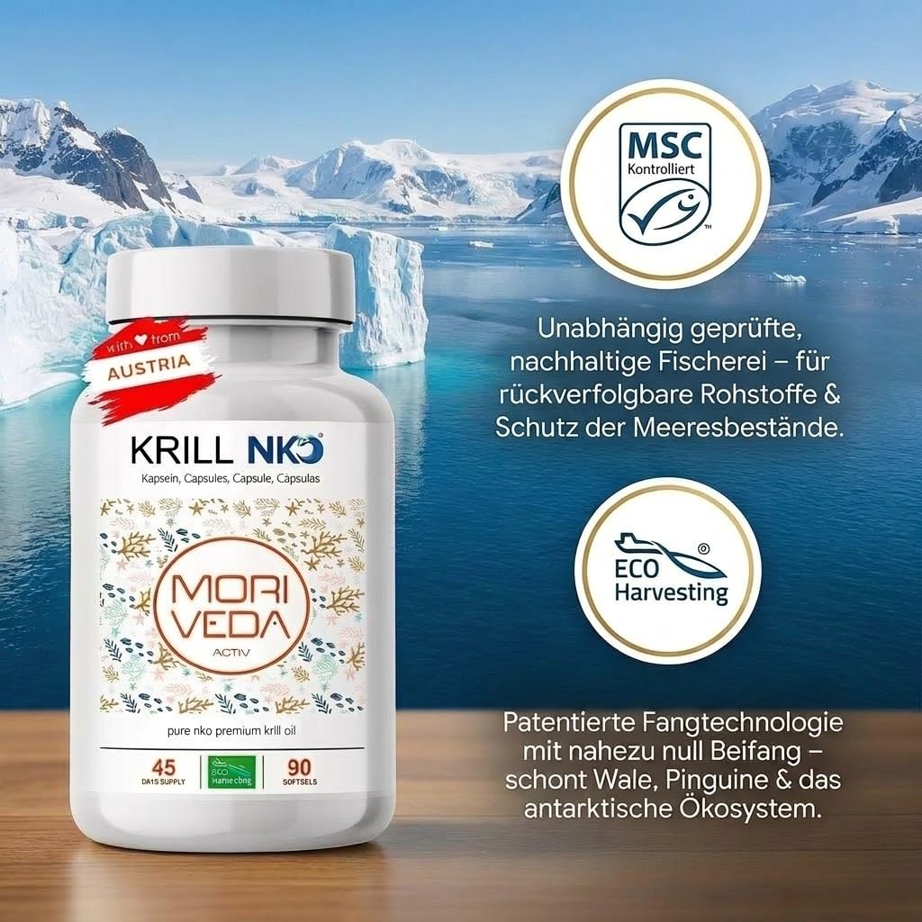 MoriVeda NKO® Antarktische Krillöl Kapseln 270 Stück (3x90) mit Vanille – 1000 mg Antarktisches Krillöl/Tagesdosis – EPA DHA Astaxanthin Cholin Phospholipide – MSC-zertifiziert, aus ECO Harvesting
