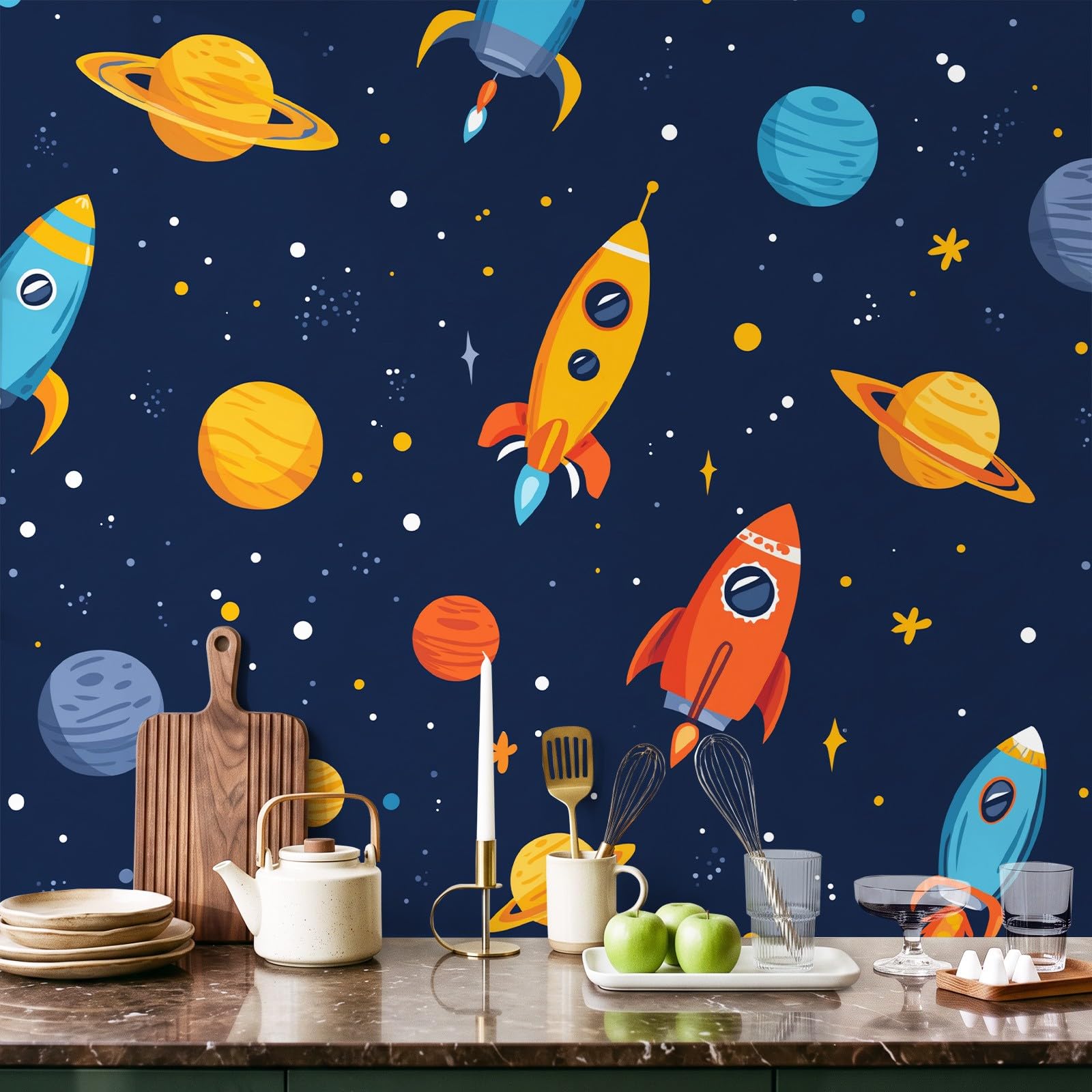 Générique Tapeta z kreskówek przestrzeń zabawa panoramiczna tapeta 350 x 256 cm do salonu dekoracja pokoju dziecięcego rakieta planeta
