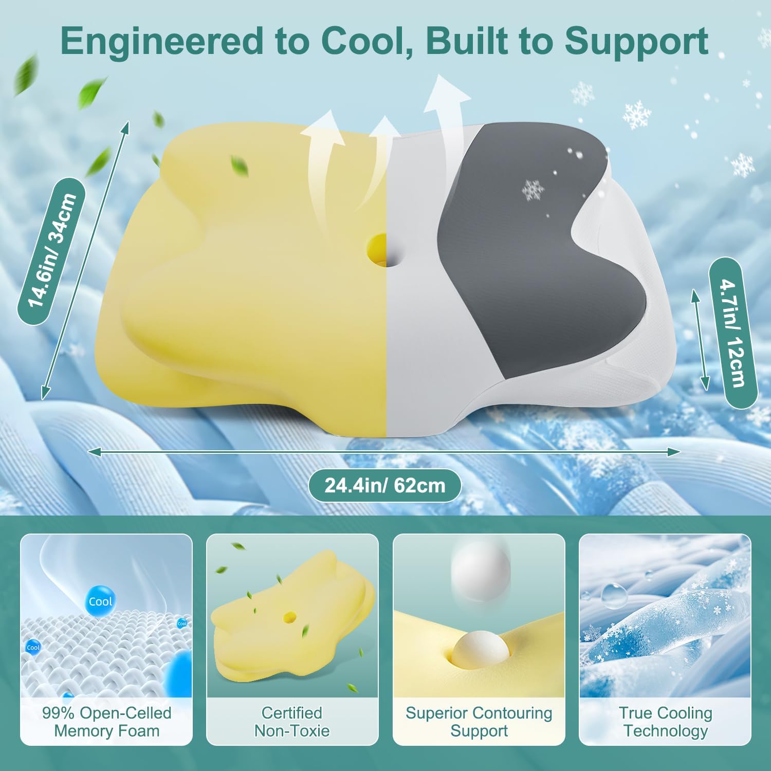 DONAMA Cervical Neck Pillow- Ergonomic Pillows for Pain Relief, Contour Memory Foam Pillow for Side/Back/Stomach Sleepers, CertiPUR-US Certified with Cooling Ice Silk Pillowcase
