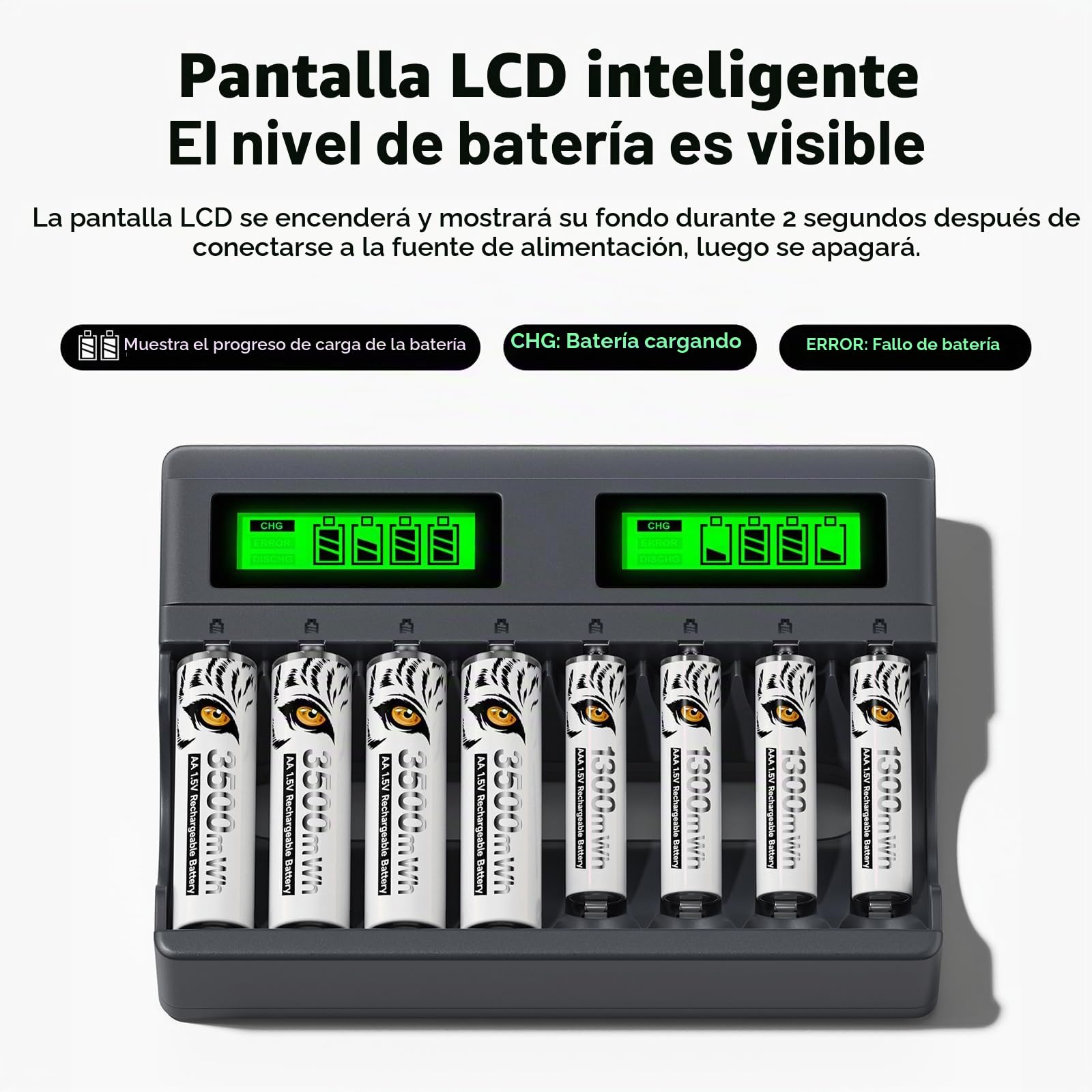 Pack de 8 Pilas AAA de Litio Recargables Con Cargador, 8 Ranuras USB C Tipo-C, Carga Independiente, LCD Cargador Rápido Inteligente, 1,5 V