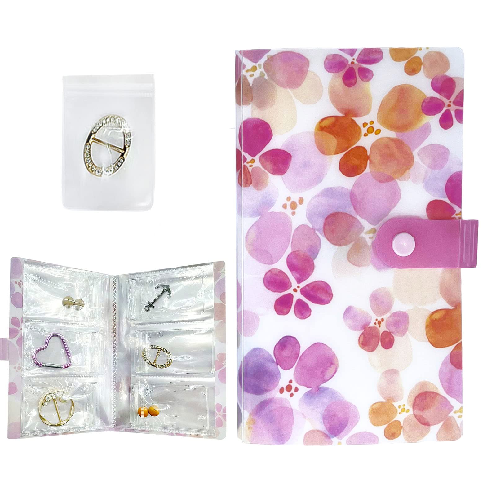 KASTWAVEKASTWAVE Jewelry Storage Book, PVC Transparent Card Holder Rings Necklace Earring Organizer Travel, Cute Jewelry Organizer Book with 120 Pockets + 100 Pcs Small Jewelry Storage Bags (Pink flower)