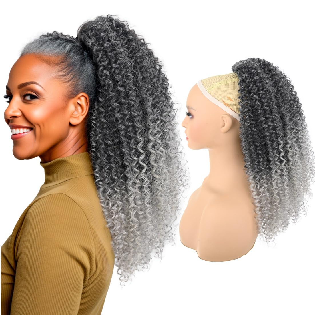 Long Curly Drawstring Ponytail for Women 22inch Synthetic Instant Clip Ponytail Extension Gray Afro Kinky Curly Hair Pony tail, T1B/Gray Salt and Papper Hair