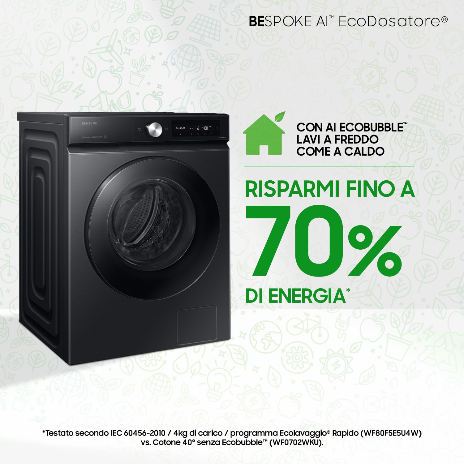 Samsung Lavatrice BESPOKE AI WW90DB7U94GB/U3 Libera installazione, 9 Kg, Ecodosatore, Super Speed, AI Wash, Corpo: Nero, Oblò: Nero, 60l x 85h x 60p cm