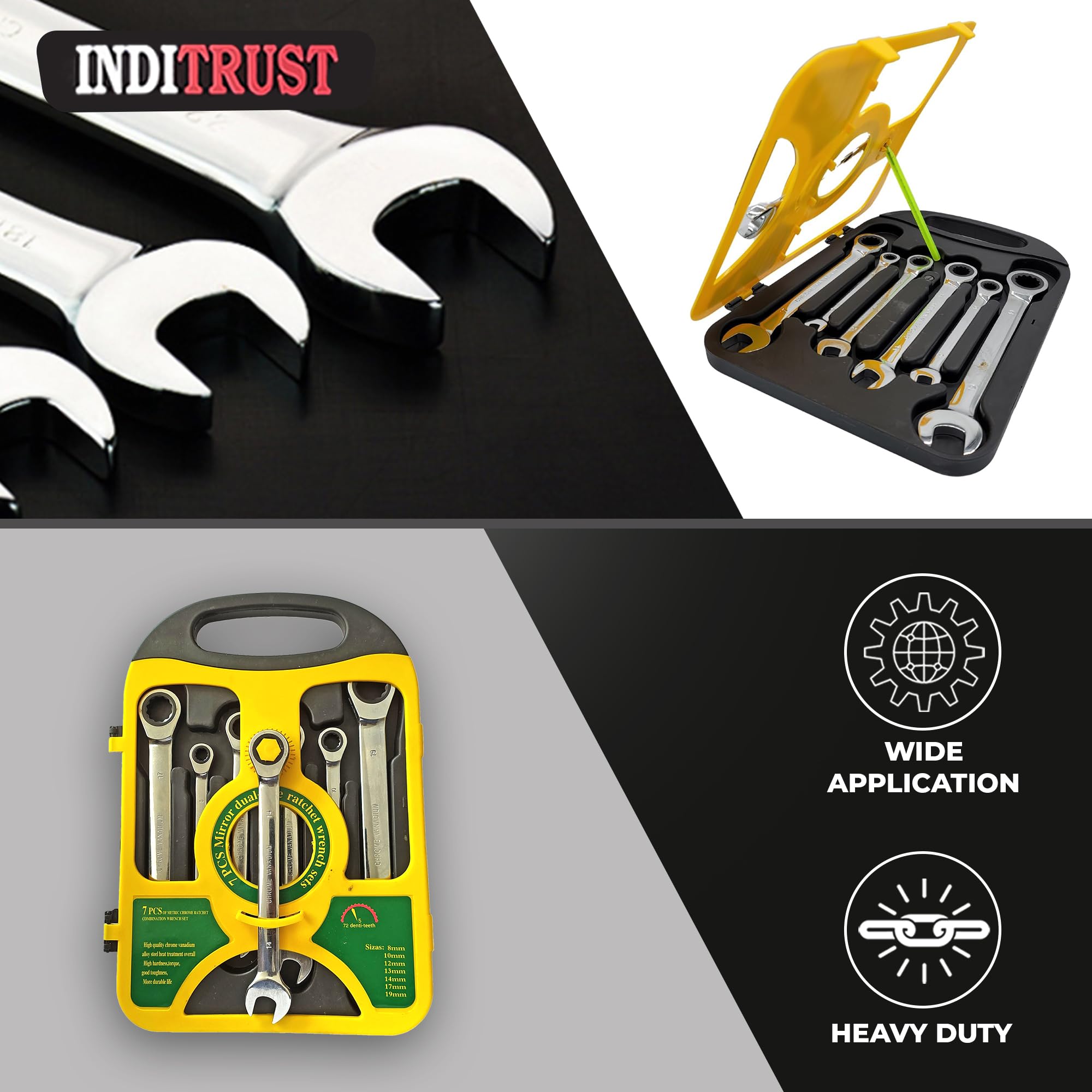 Inditrust 7PC Mirror doal Uses Ratchet wrench set (8.10.12.13.14.17.19) mm Ratchet Spanner Combination Wrench Set Of Keys Gear Ring Handle Chrome Vanadium Double Sided Combination Wrench 4