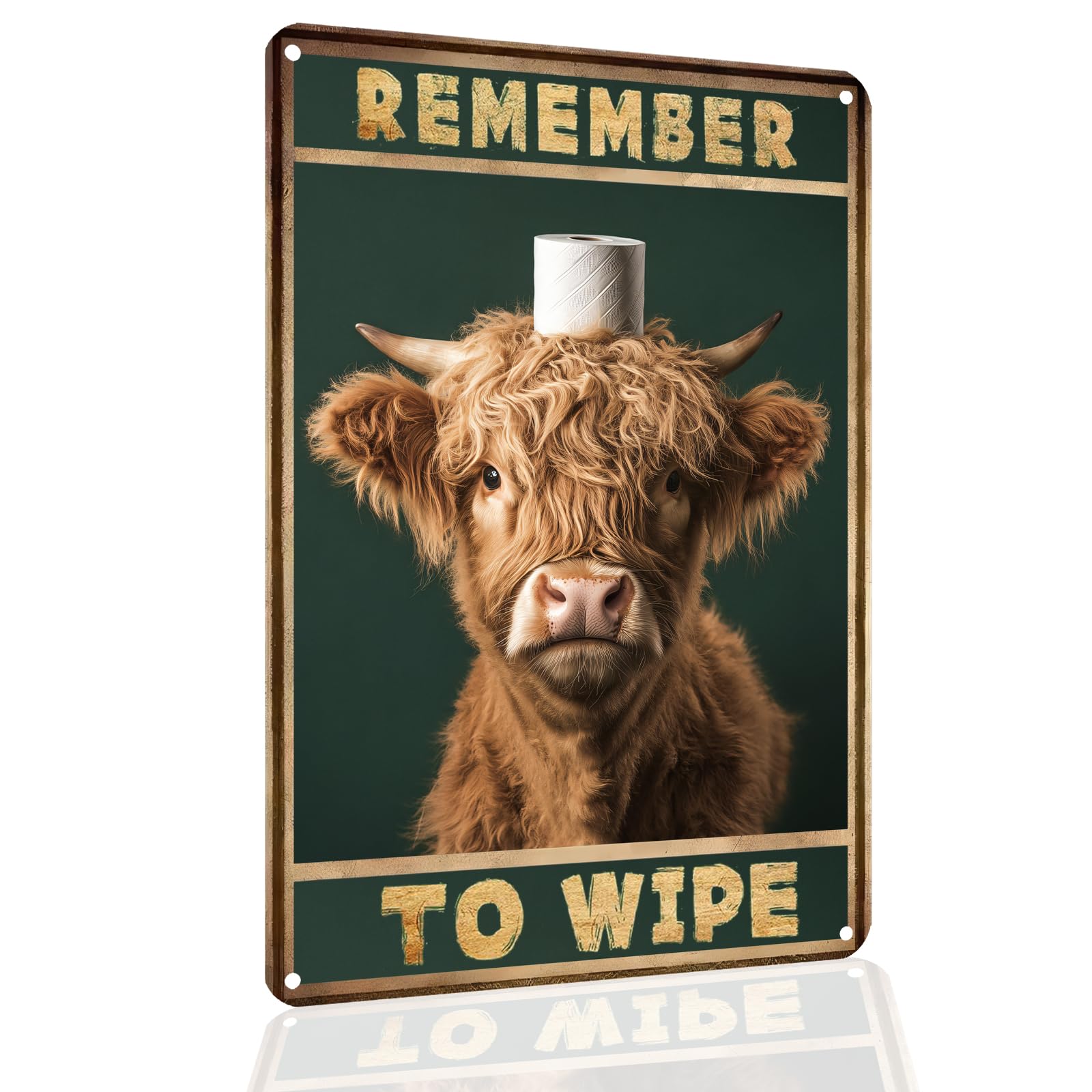 Bathroom Highland Cow Tin Sign: Funny "Remember to Wipe" Vintage Metal Sign for Bathroom Decorations 8x12 Inch