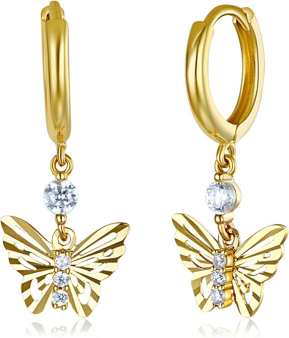 14k REAL Two Tone Gold Fancy Huggie Dangle Butterfly Earrings (10 x 25mm) - Image 2