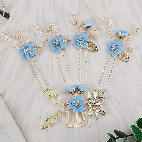 Miniatura 6 de 5 piezas de horquillas para el cabello de boda con flores de cristal, perlas de cristal, horquillas para el cabello, joyería para novia, boda,