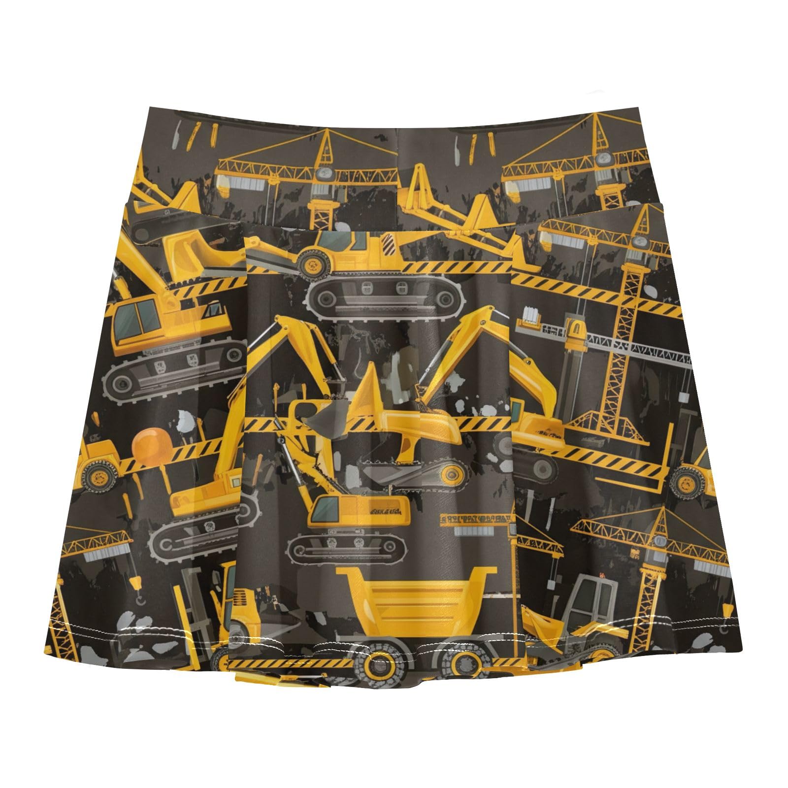 CHIFIGNO Little Girls Skorts 2-in-1 Tennis Skirts with Shorts High Waisted Athletic Dance Skort Cute Construction Vehicles Yellow Size 9-10