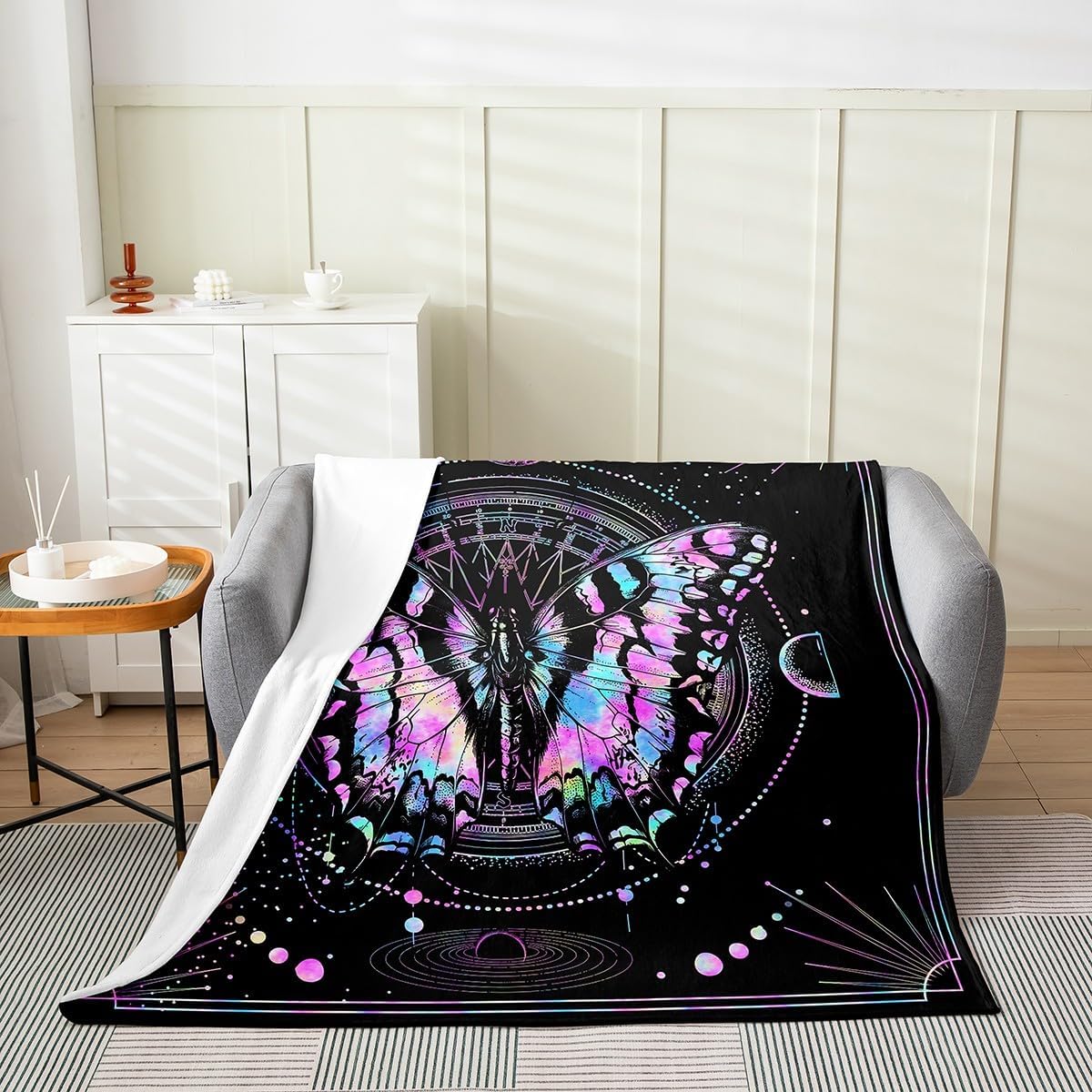 Dead Moth Butterfly Fleece Blanket,Boho Sun Moon Starry Galaxy Glitter Bed Blanket for Kids Teens,Exotic Animal Neon Blue Purple Halloween Flannel Blanket for Room Decor,Queen 90"x90"