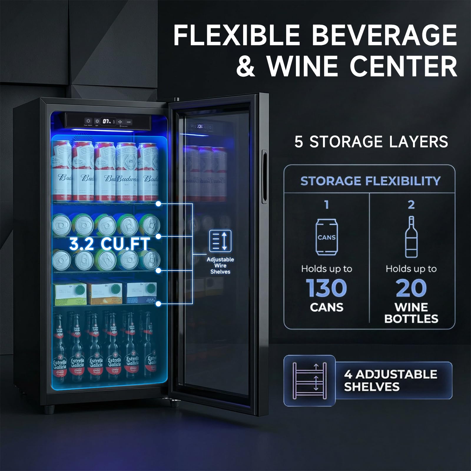 Anypro Mini Fridge 130 Can Beverage Refrigerator Cooler, 3.2 Cu.Ft Drink Fridge For Soda Wine Beer, Beverage Fridge With Glass Door For Home Office Bar, Digital Temperature Control, Adjustable Shelves on Fridge.com - View 2