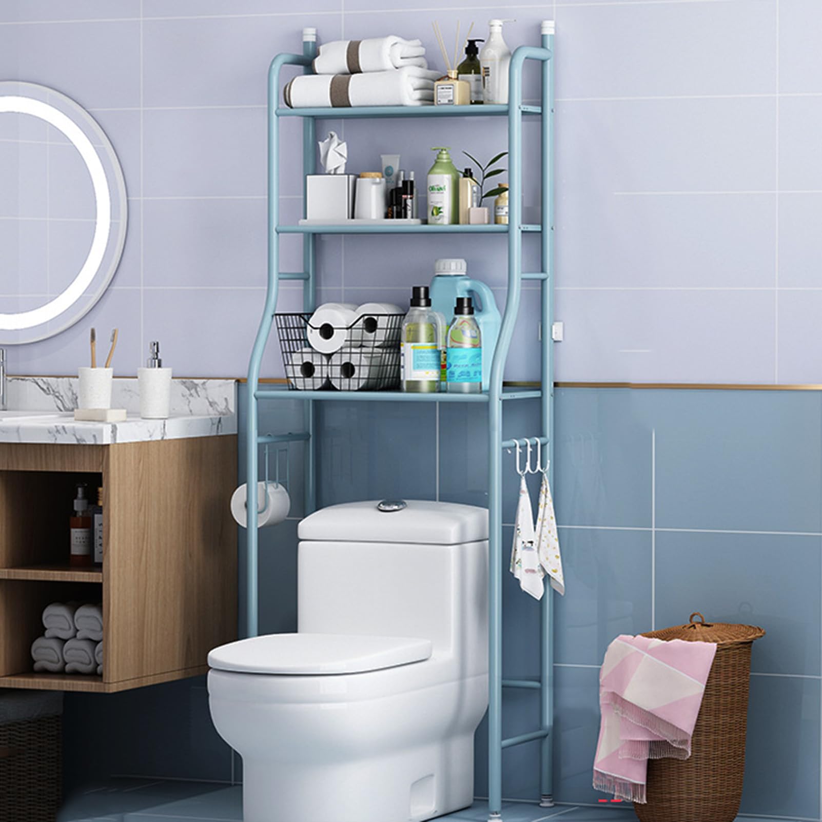 Over The Toilet Storage Rack - 3-Tier Metal Shelf with Toilet Paper Holder and Hooks | Space Saver Bathroom Organizer - Free Standing Storage Unit