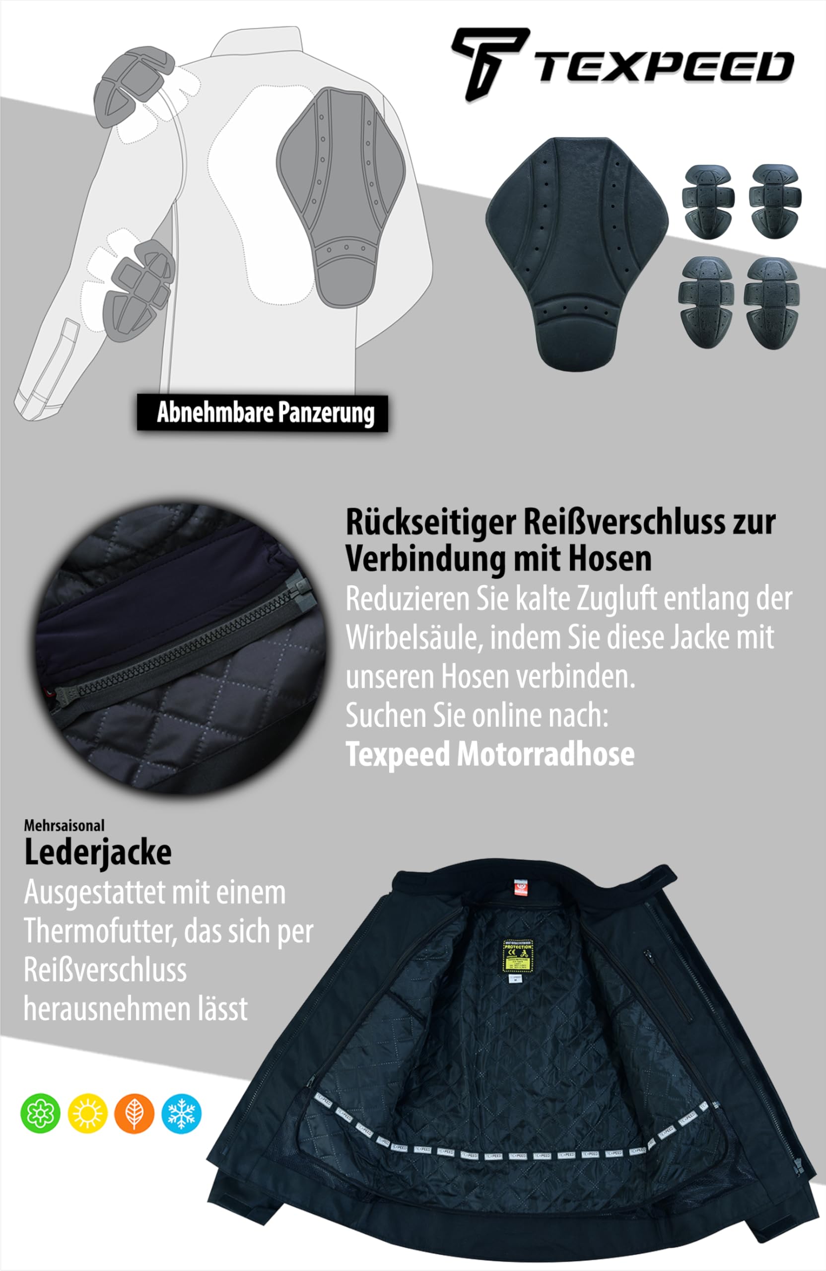 Texpeed Motorrad lederjacke herren mit protektoren - Braun Winter/Sommer Gesteppt echtleder Bikerjacke - Motorrad mit original biker rüstung gepanzert (EN 1621-1) Schutz XL