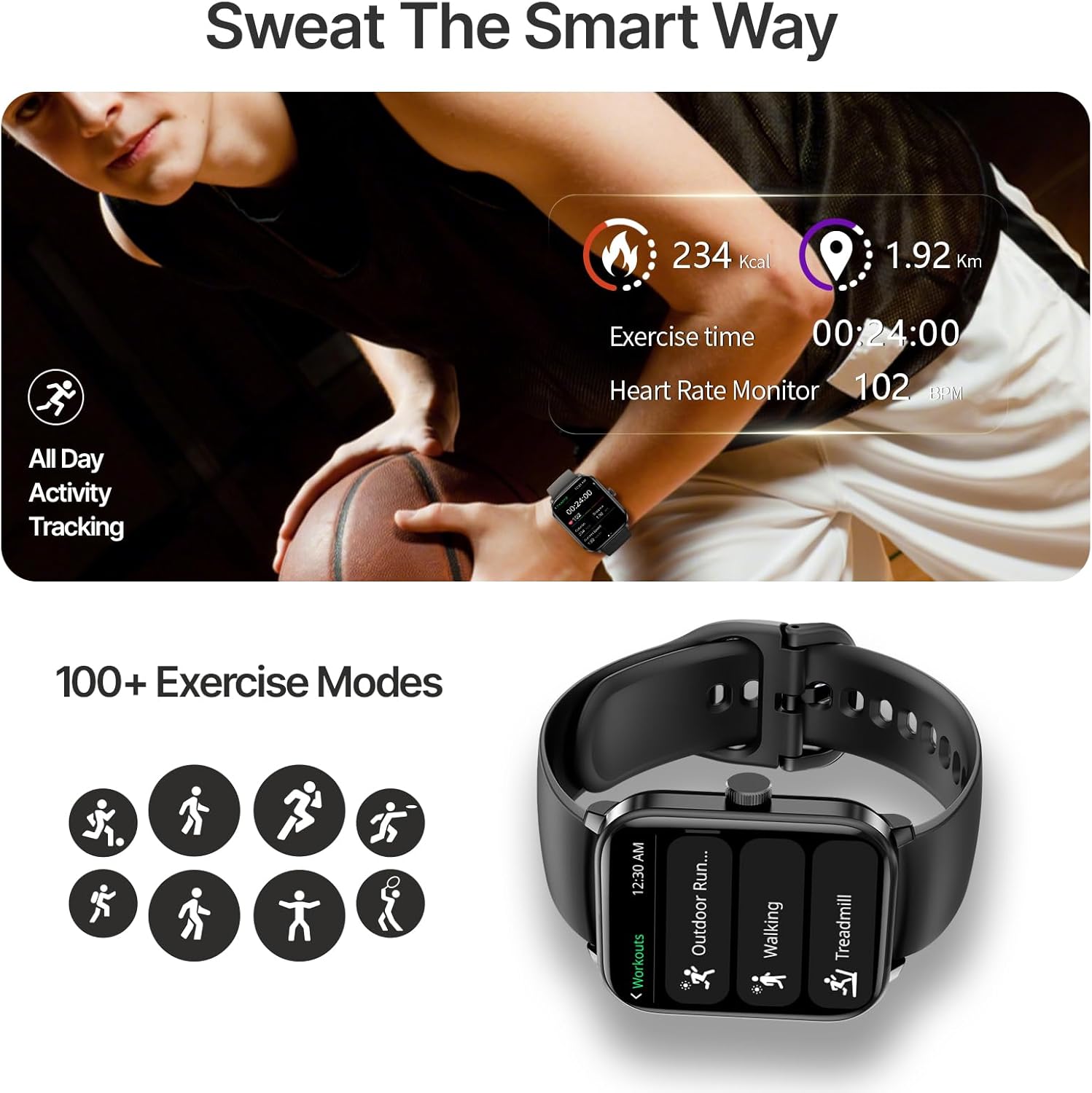YoYoFit F19 Smart Watch displaying various health metrics on its screen.