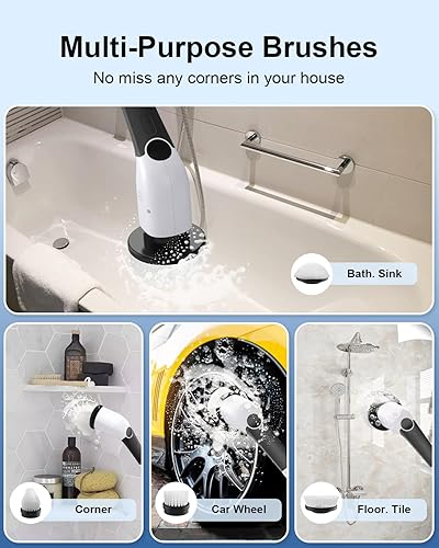 Miniatura 6 de Leebein Limpiador eléctrico giratorio cepillo de limpieza inalámbrico con 8 cabezales de cepillo reemplazables y mango de extensión ajustable y 3