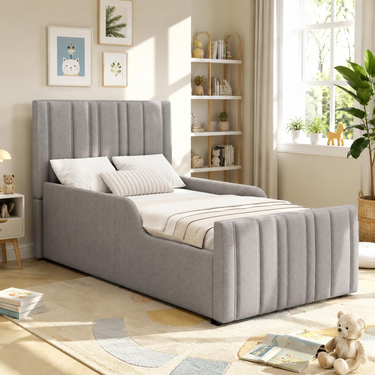 Cama individual de 90x200 con cabecero tapizado gris que resuelve la falta de armarios