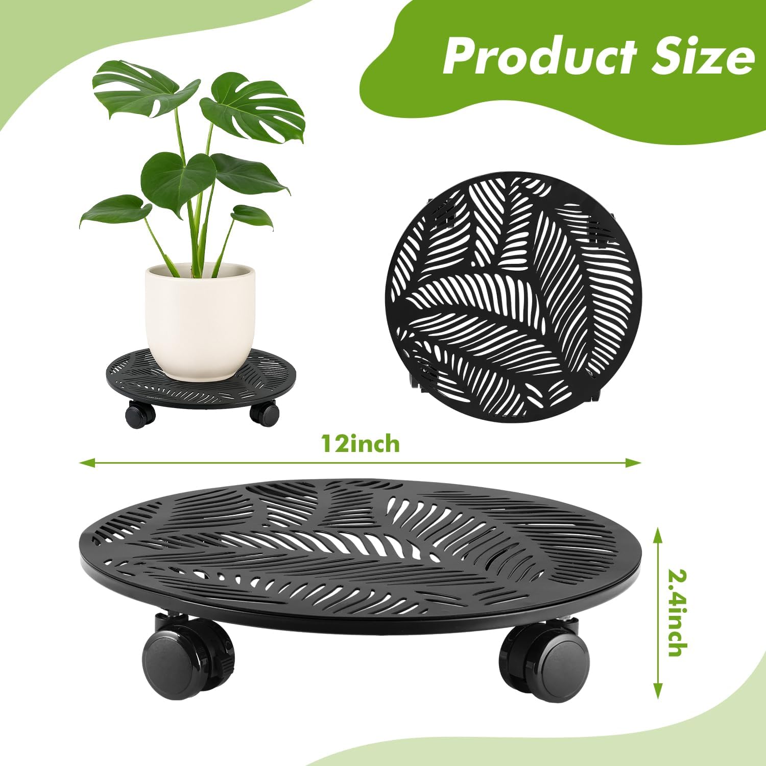 Planterhoma 1 Pack 12 Inch Large Metal Plant Caddy with Wheels Heavy-duty Rolling Plant Stand with Casters Flower Pot Mover Roller Base Flower Pot Dolly Coaster Trolley, Tropical Leaf