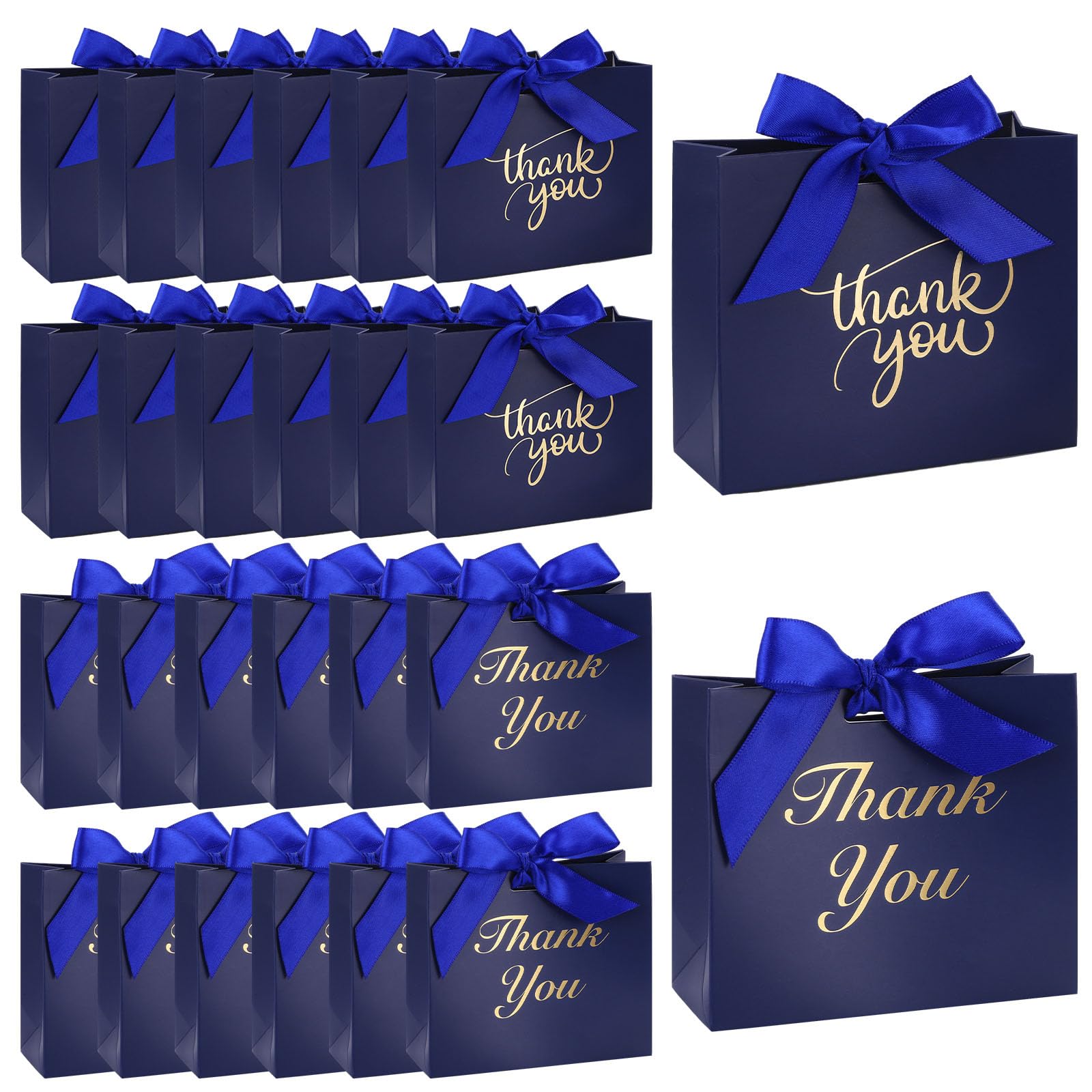 VGOODALL 24PCS Thank You Gift Bags, Dark Blue Party Favor Bags with Bow Ribbon Mini Gift Boxes Bulk Candy Boxes for Birthday Wedding Party Bridal