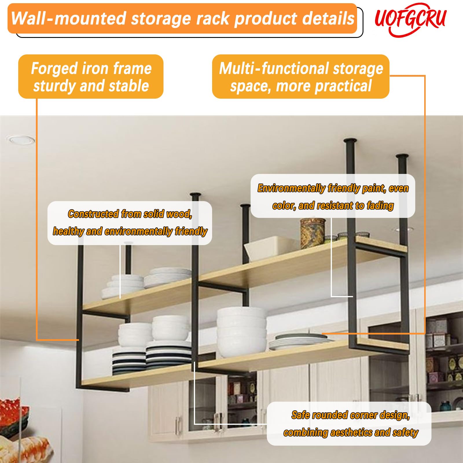 Scaffali sospesi industriali da soffitto in legno massiccio e metallo per bar Ga RestauranSturdy design 80x30x50cm