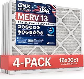 BNX 16x20x1 MERV 13 AC Furance Air Filter 4 Pack - MADE IN USA - Electrostatic Pleated Air Conditioner HVAC AC Furnace Filters - Removes Pollen, Mold, Bacteria, Smoke