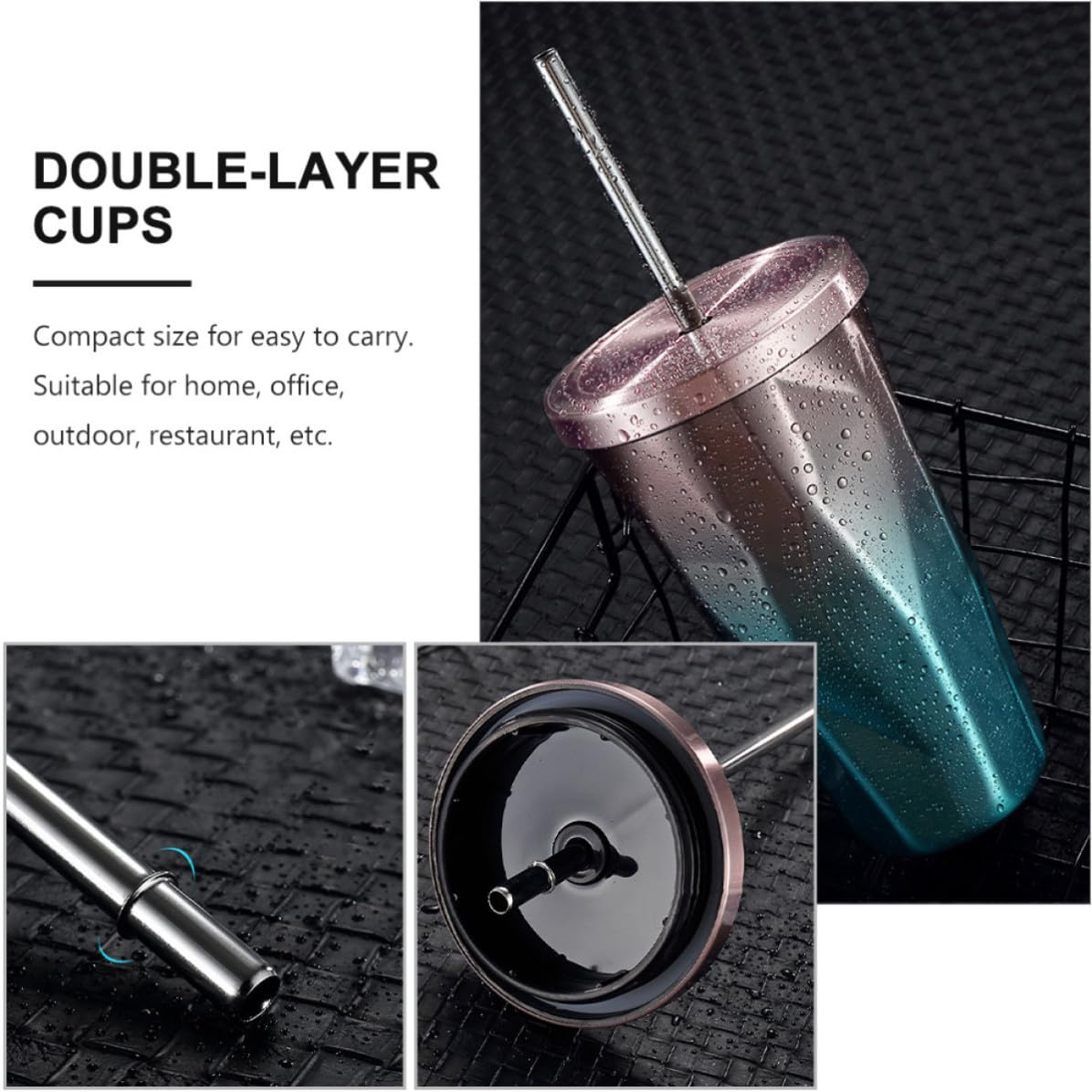 2 Stück pack Doppelwandige Edelstahl Isolierbecher mit Strohhalm Tragbar und Kreativ für Kaffee Zuhause oder Restaurant Modernes Design 500ml