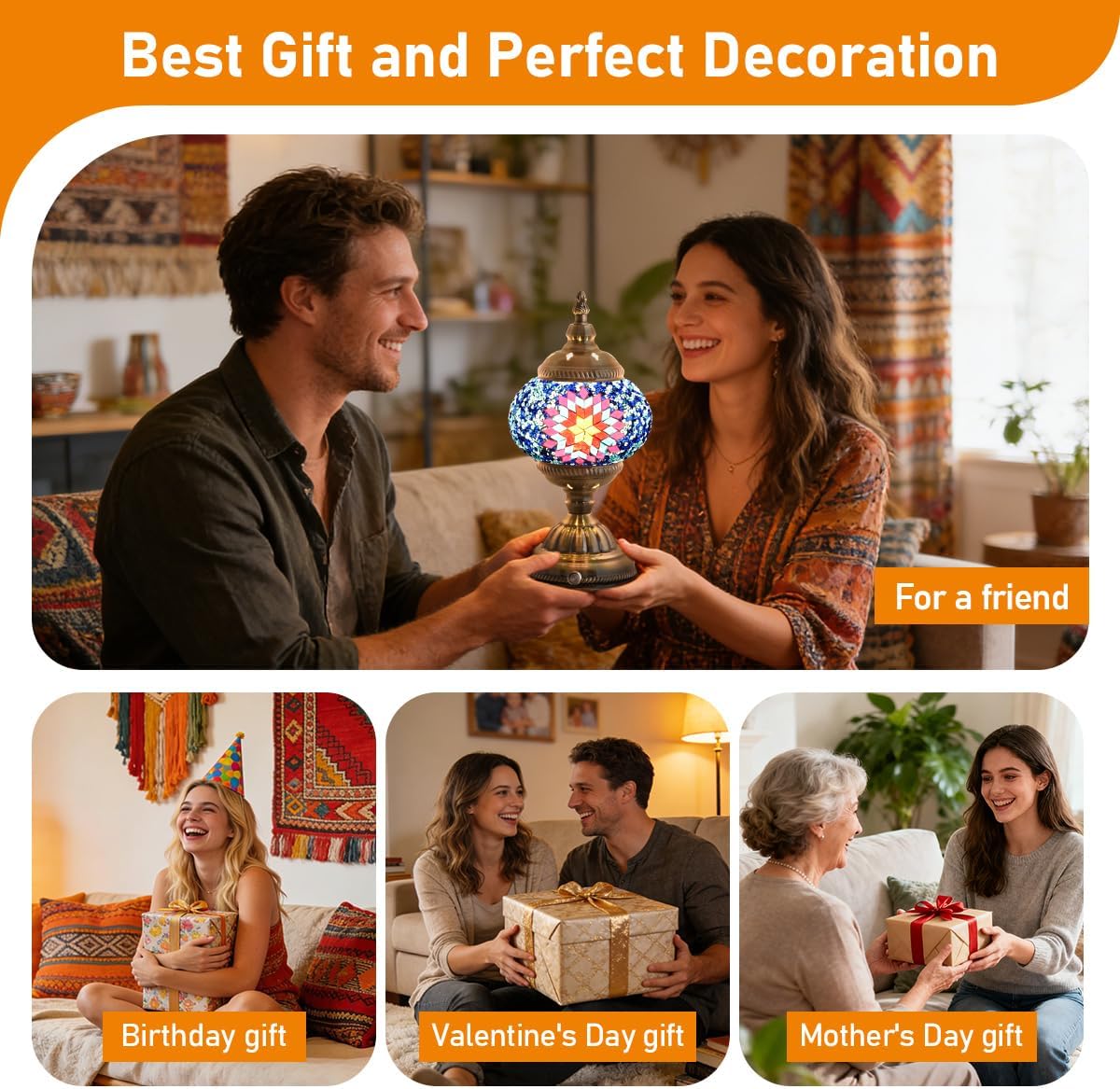 Portable Rechargeable Turkish Bronze Base Table Lamp with 6000mAh Battery, Handmade Moroccan Tiffany Style Colorful Mosaic Glass Night Stand Light Fixture for Living Room Bedroom Decor