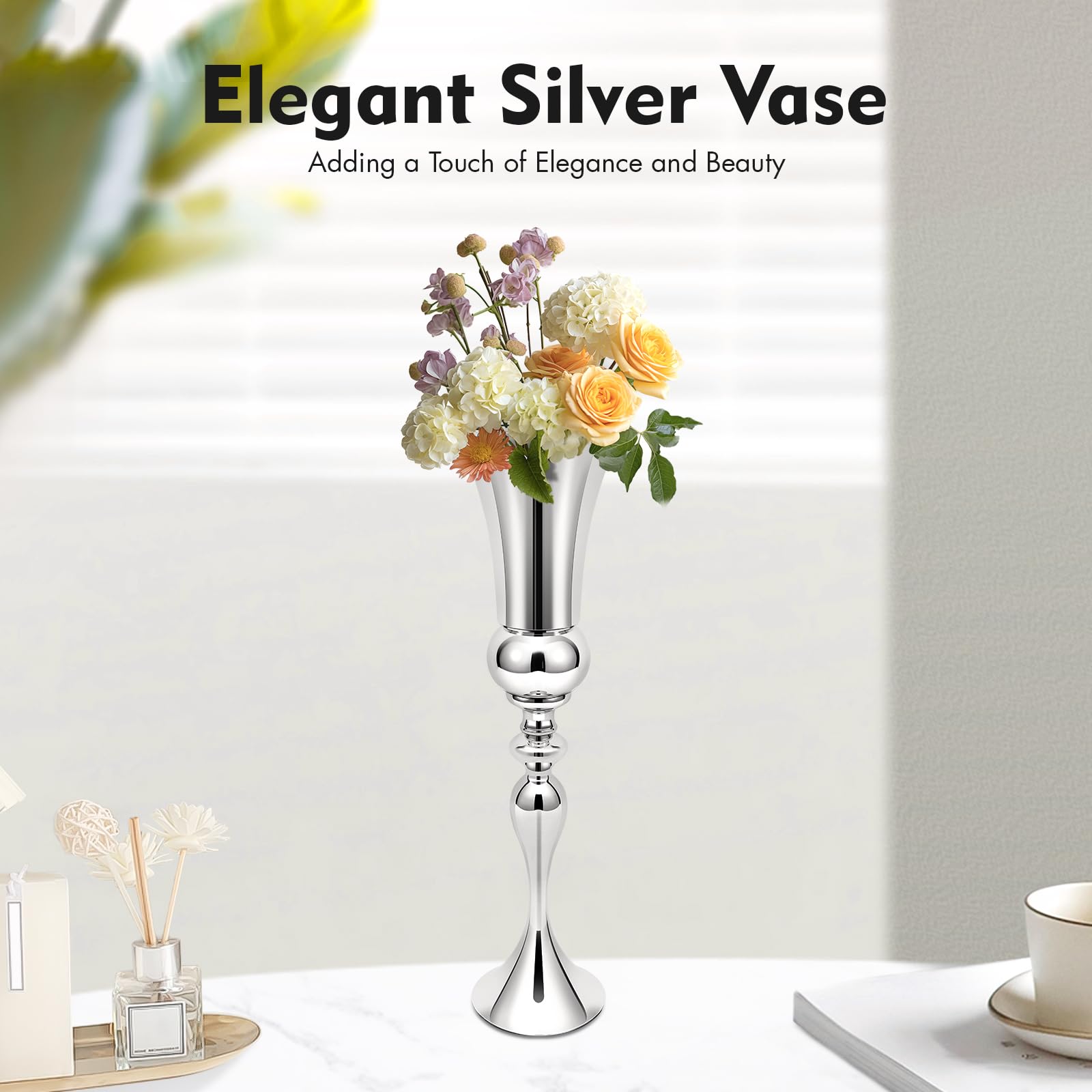 Vaso da pavimento, 74 cm, in metallo, argento, per fiori e decorazioni, 20 x 74 cm | altezza 74 cm, diametro 20 cm, ferro galvanizzato, base stabile, per matrimoni e casa