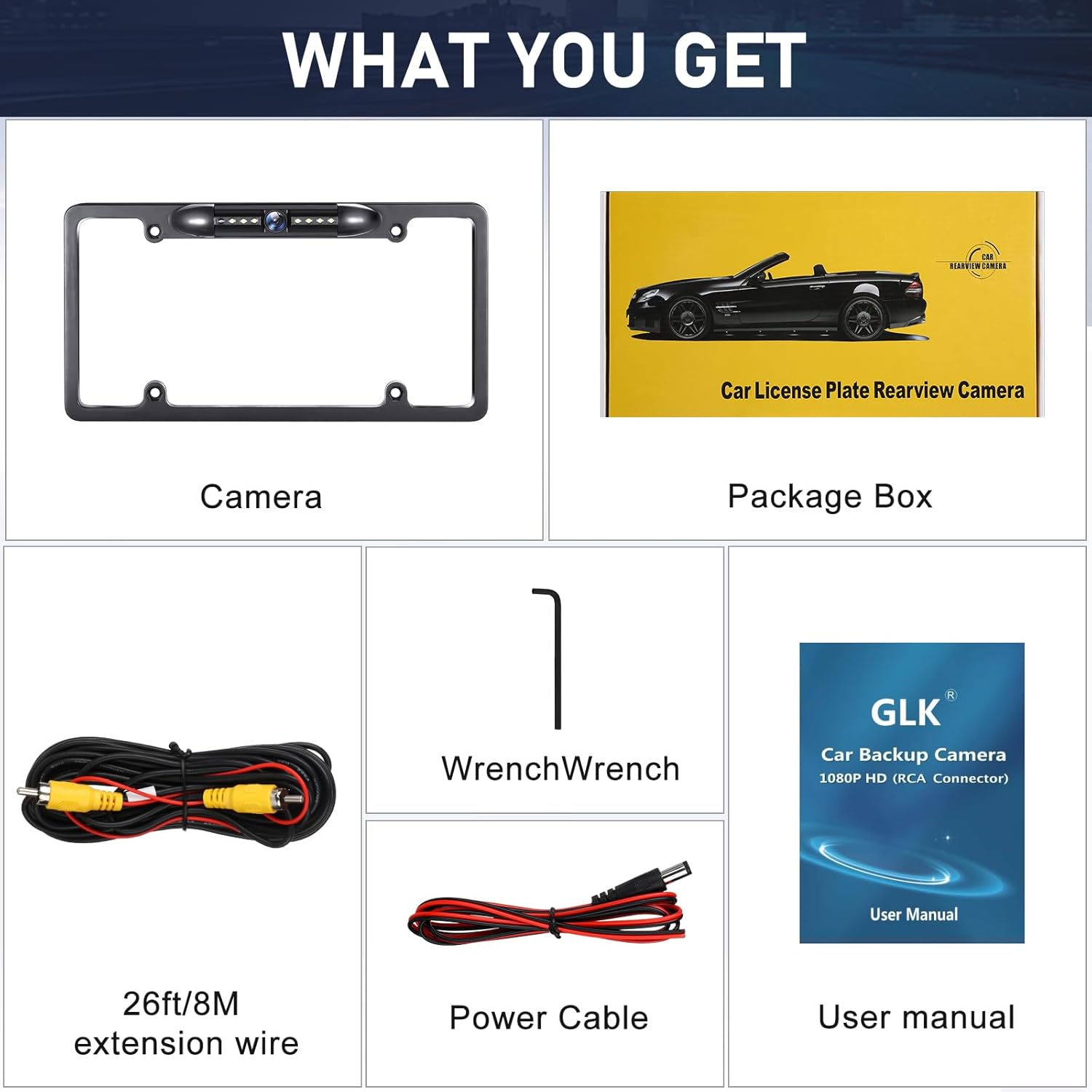 GLK Backup Camera, AHD 1080P License Plate Backup Camera, Night Vision Rear View Camera with 8 LEDs, Wide Angle IP69K Waterproof Reverse Rear Camera for 12-24V Car Vehicle SUV RV