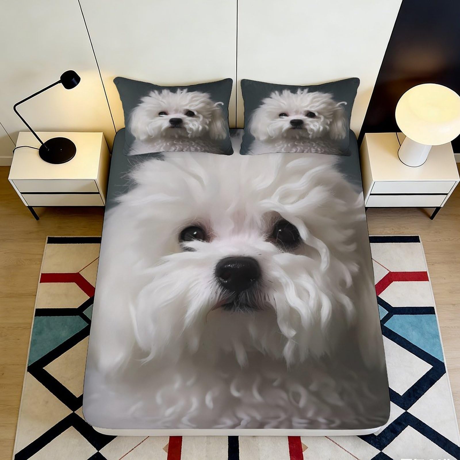 3D Printed Fluffy White Dog Fitted Sheet Microfiber Soft Non-Slip Cute Puppy Bed Cover for Bedroom Guest Room Decor 200x200x25cm