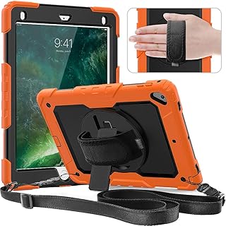 Timecity Case for iPad 6th/5th Generation 9.7 Inch, iPad Three Layer Protective Case with Screen Protector/Rotating Stand/Hand/Shoulder Strap for iPad 6th/5th Gen(2018/2017)/ Air 2/ Pro 9.7, Orange