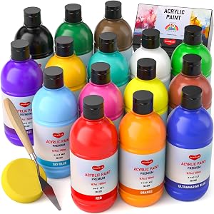 Smallbudi 15 Colors Large Acrylic Paint Set (16.9 oz,500 ml), Bulk Acrylic Paint Non-Toxic Art Painting Supplies on Multi Surface Canvas Wood Craft Fabric Rock for Artist Beginner with Color Wheel