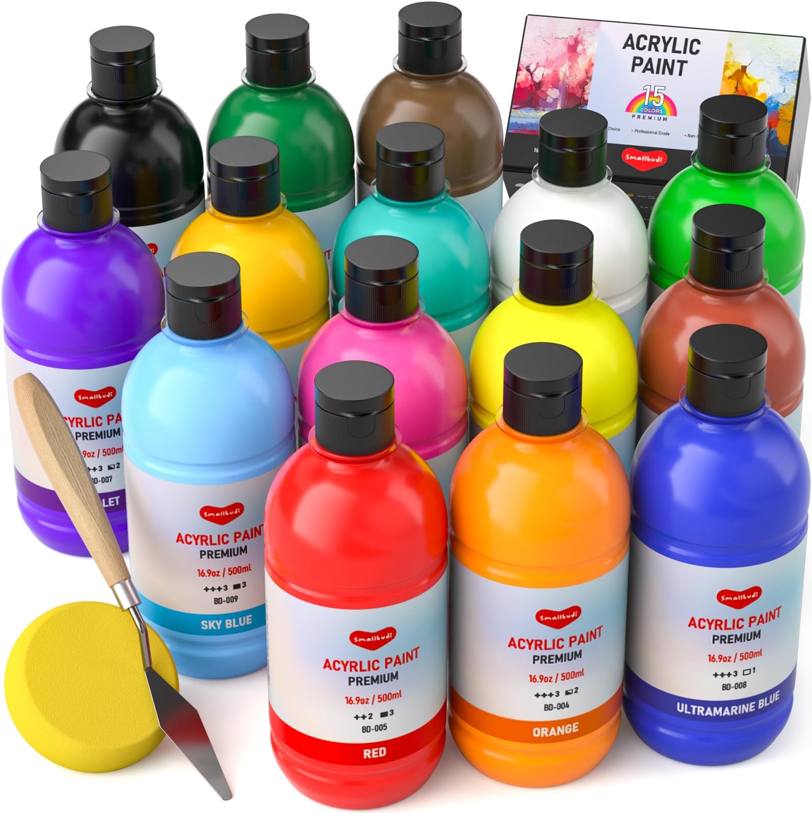 Smallbudi 15 Colors Large Acrylic Paint Set (16.9 oz,500 ml), Bulk Acrylic Paint Non-Toxic Art Painting Supplies on Multi Surface Pumpkin Canvas Wood Craft Fabric Rock for Artist Kids with Color Wheel